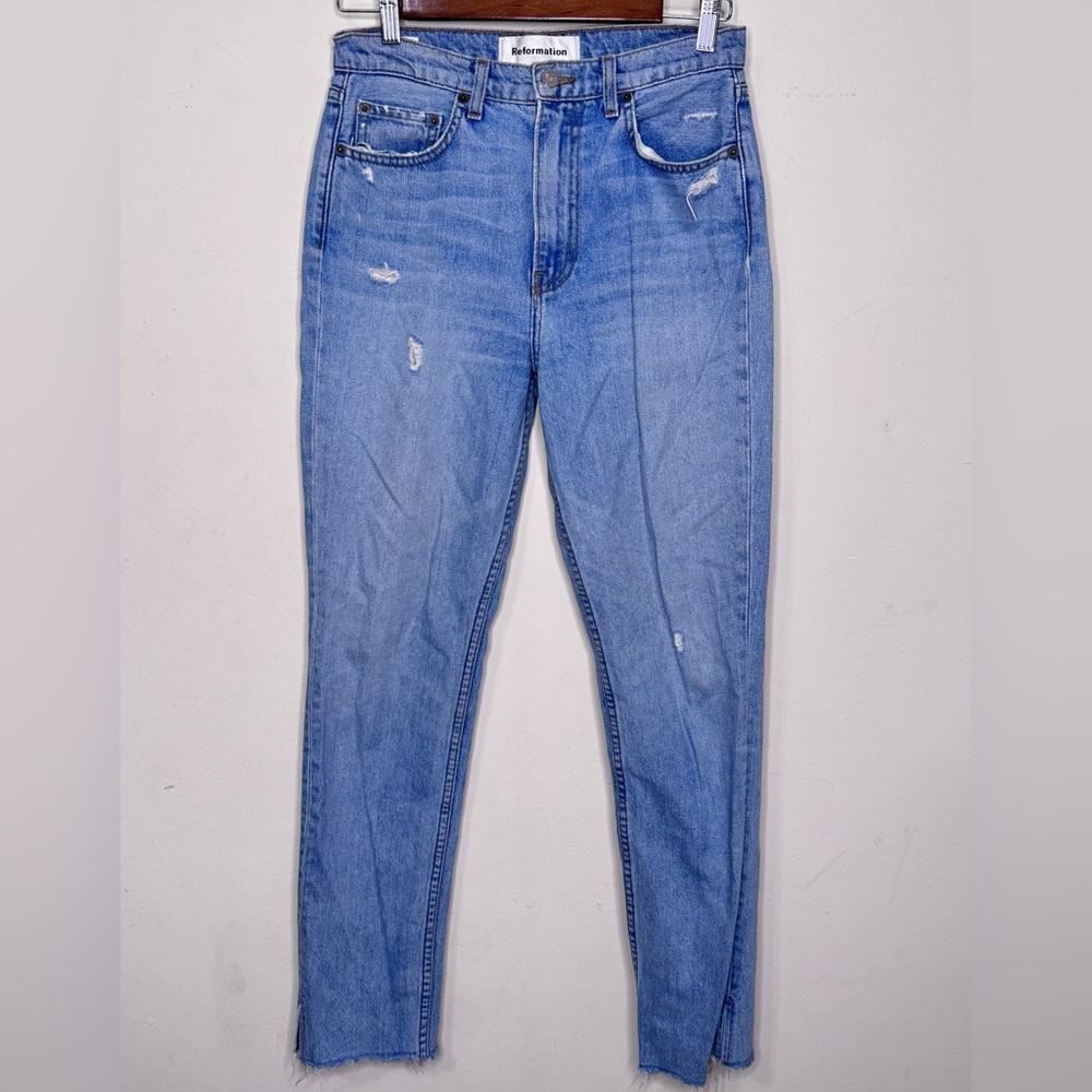 Reformation Julia High Cigarette Jeans Light Blue Distressed.